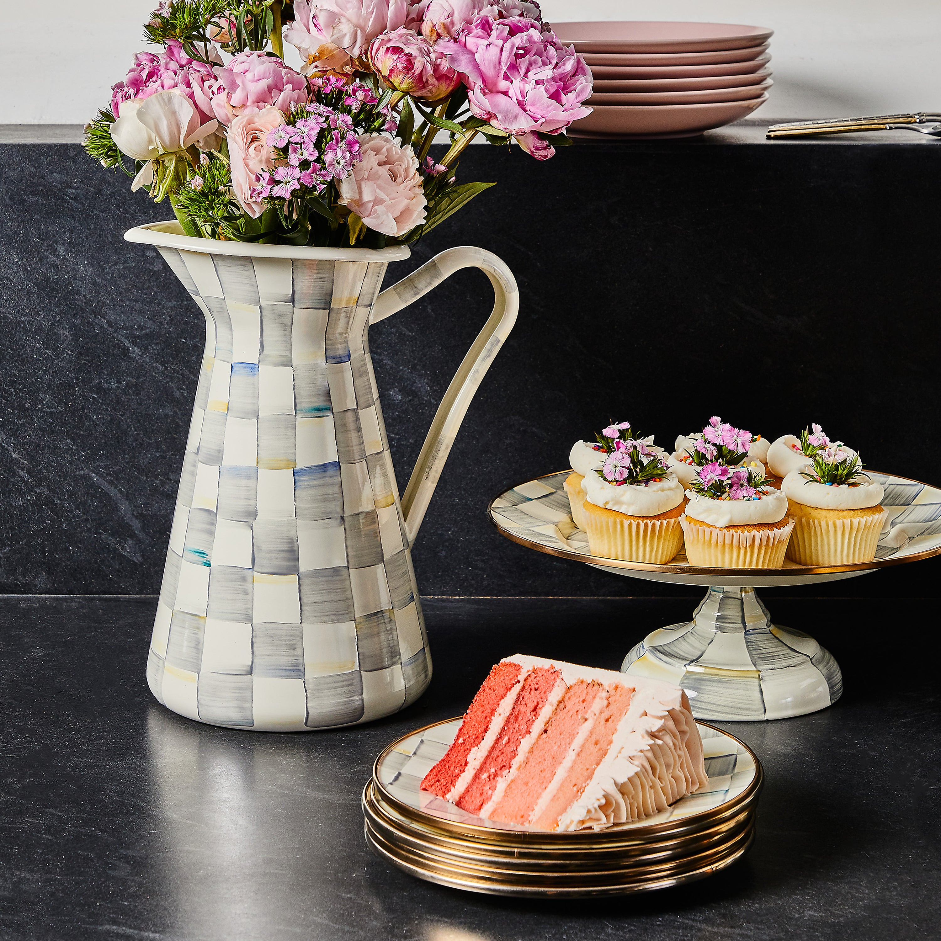 MacKenzie-Childs Sterling Check Pedestal Platters