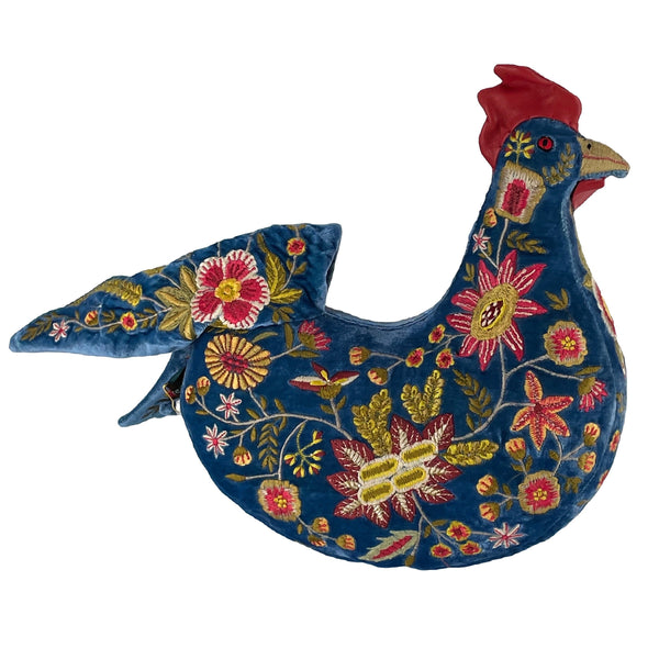'Amy Rooster' Hand Embroidered Silk Velvet Animal Decoration
