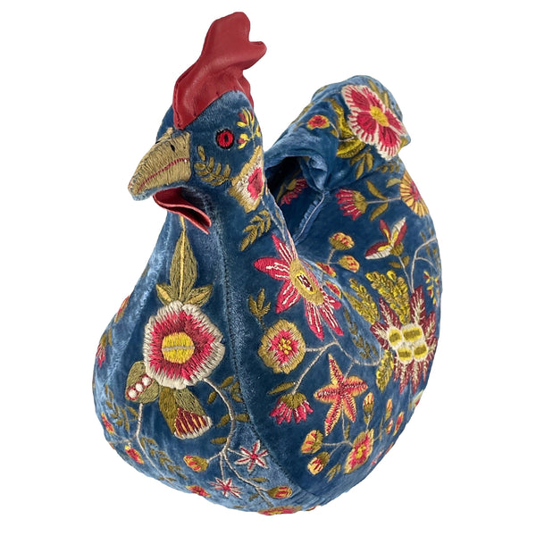 'Amy Rooster' Hand Embroidered Silk Velvet Animal Decoration