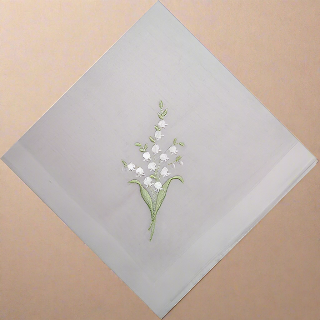 Ladies Cotton Handkerchiefs - White Embroidered Lily of the Valley Design