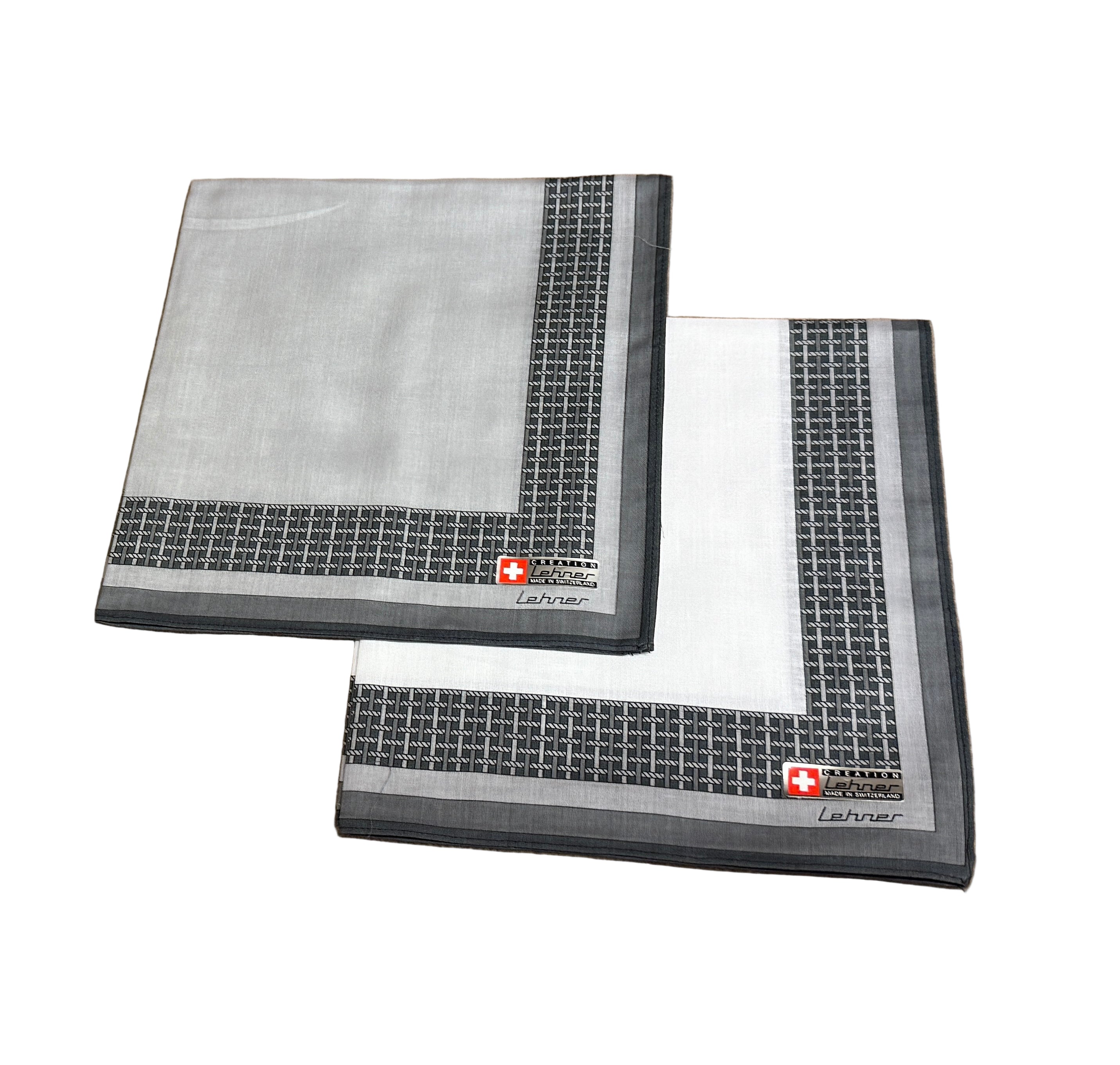 Lehner Men's Swiss Cotton Handkerchief - Grey Lattice Border