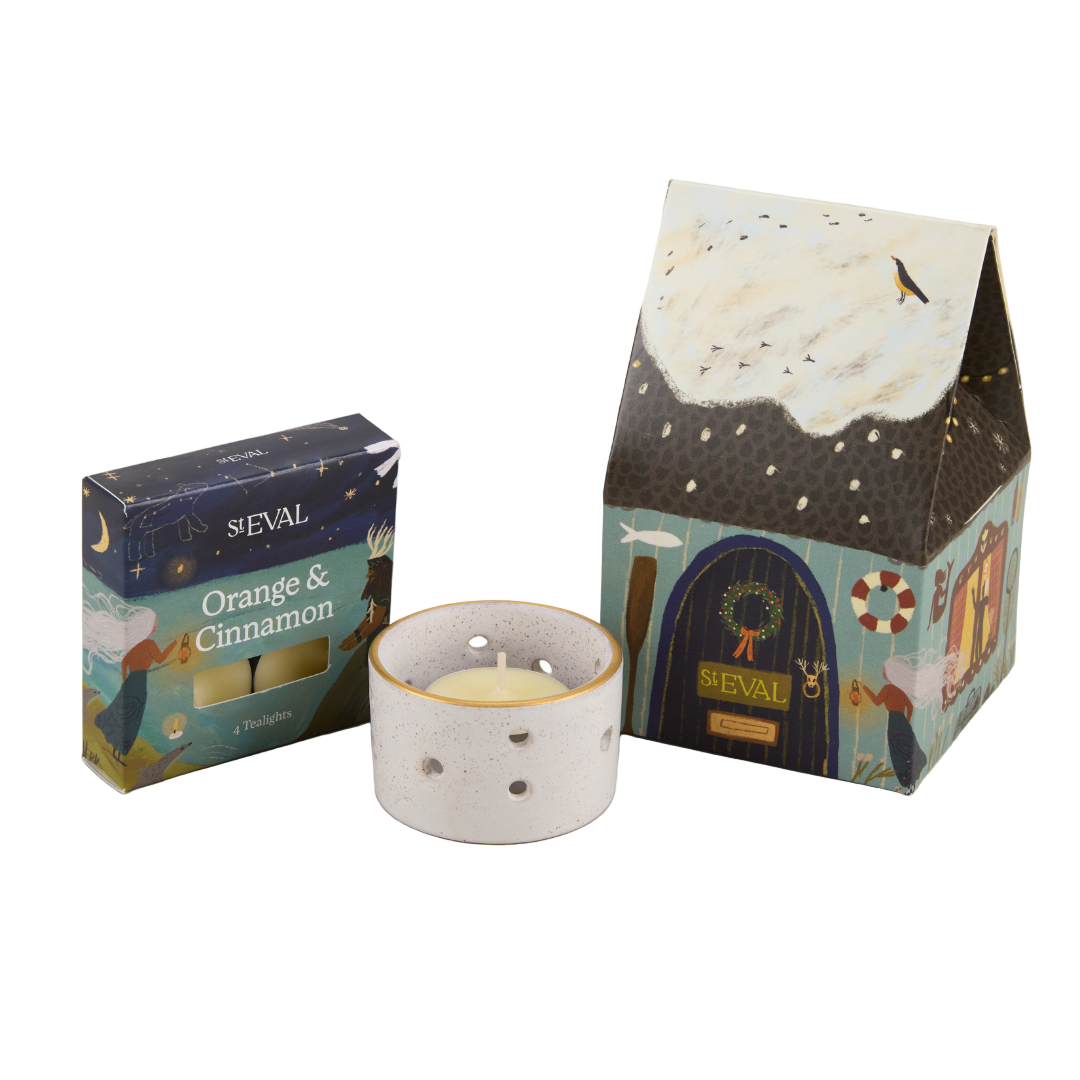 Christmas Cottage Tea Lights & Holder Set