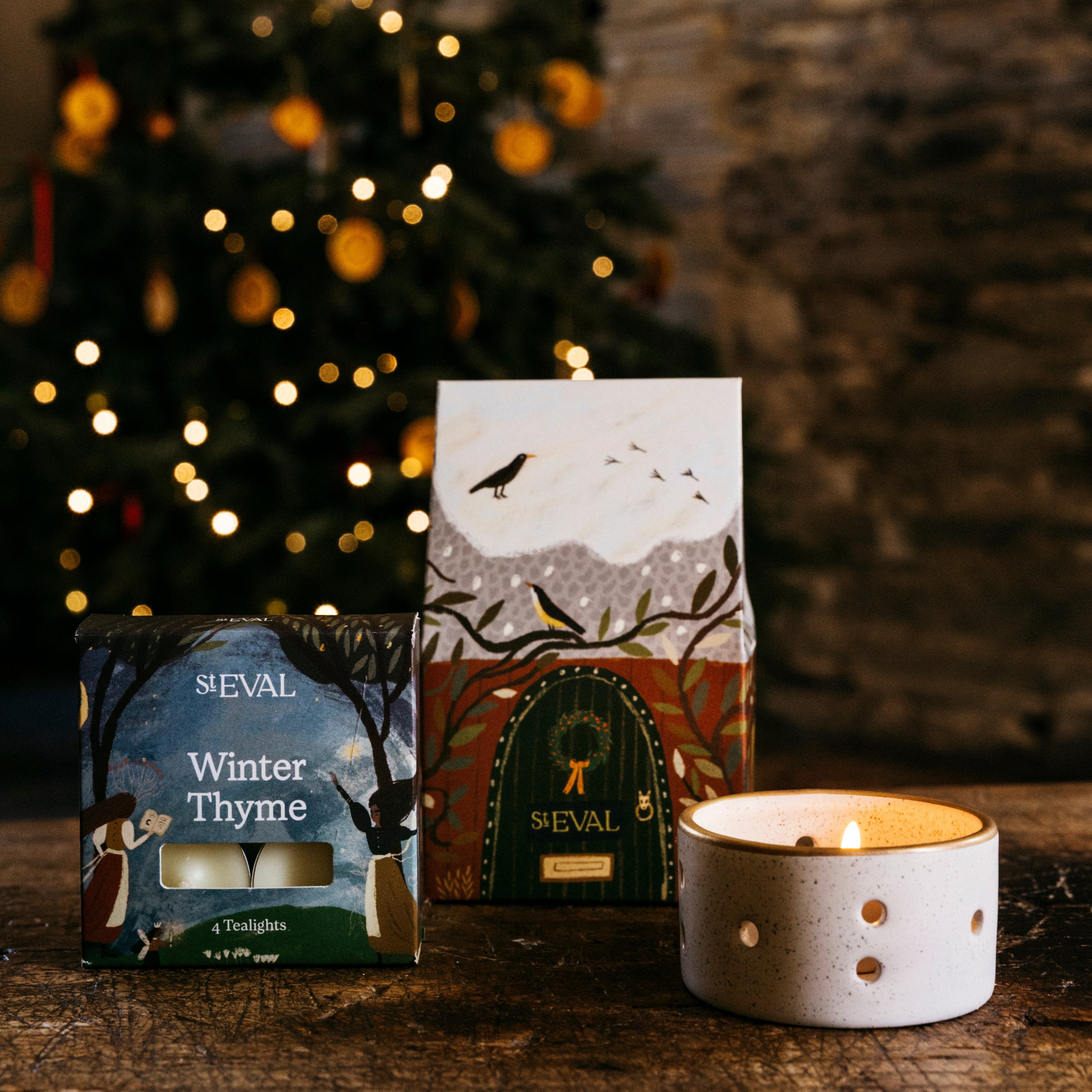 Christmas Cottage Tea Lights & Holder Set