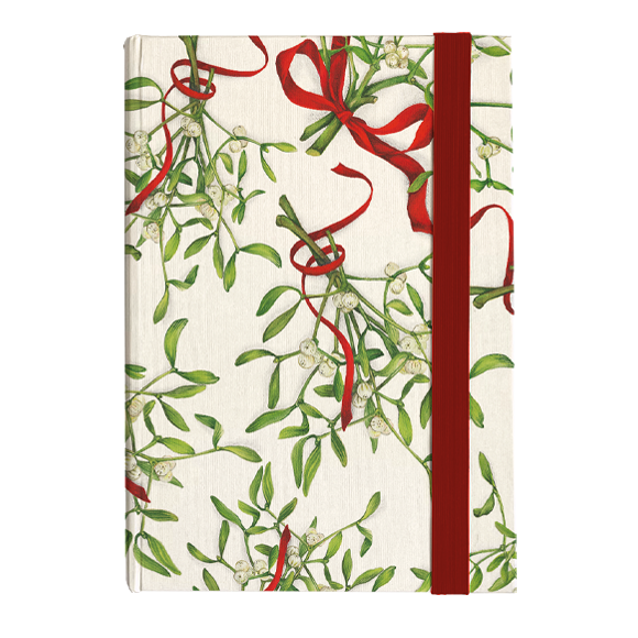 A hardcover notebook with a festive Christmas pattern featuring mistletoe branches, green leaves, small white berries, and red ribbons tied in bows, complete with a dark red elastic closure band.