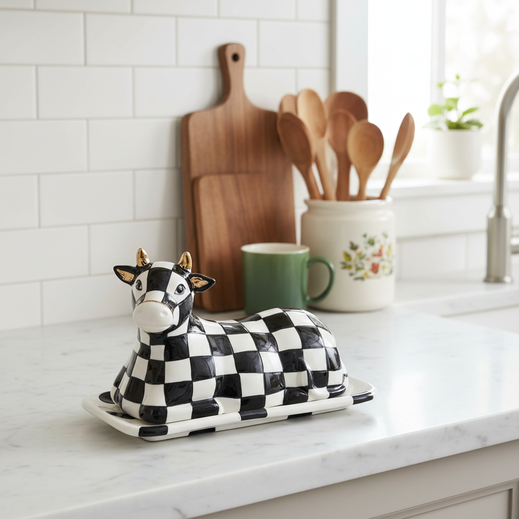 MacKenzie-Childs Courtly Check Cow Creamery Butter Dish
