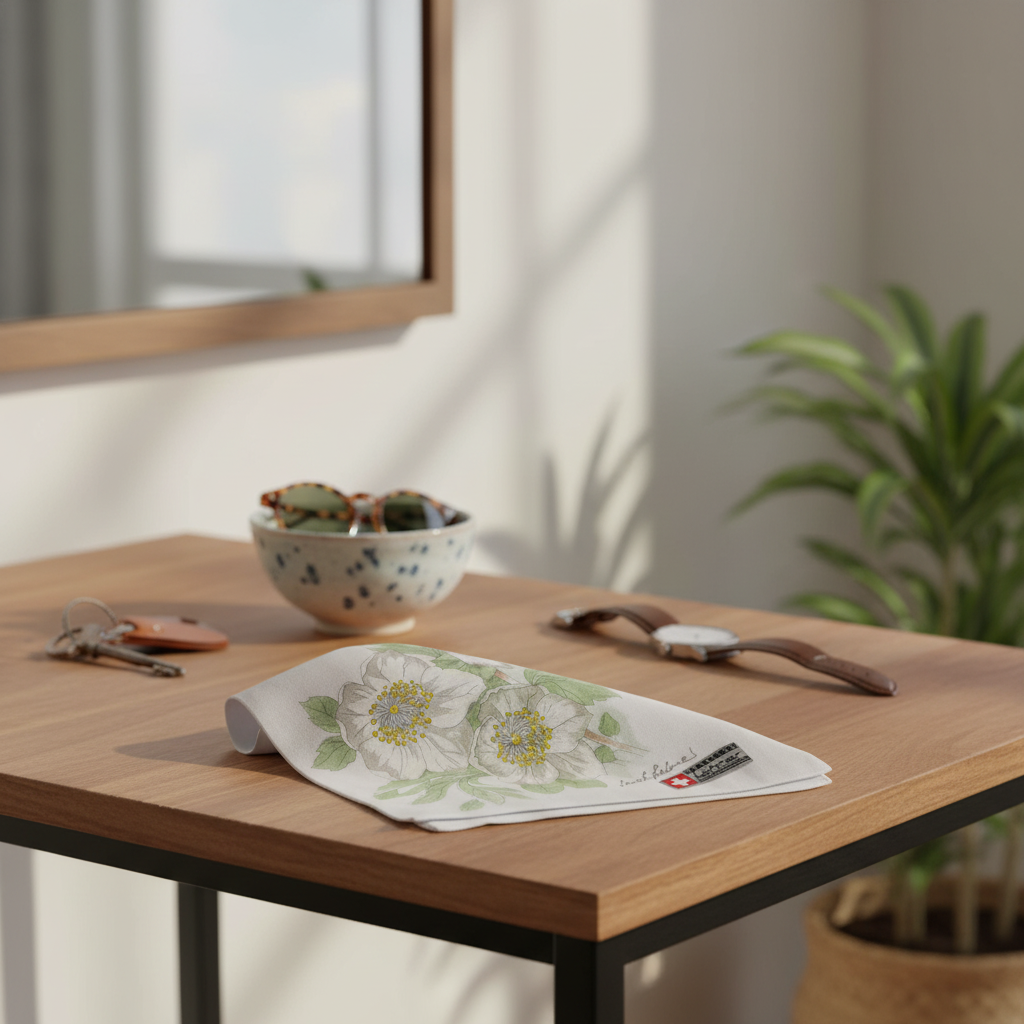 Lehner Ladies Swiss Cotton Hand Rolled Handkerchief - White Flower (Christmas Rose)