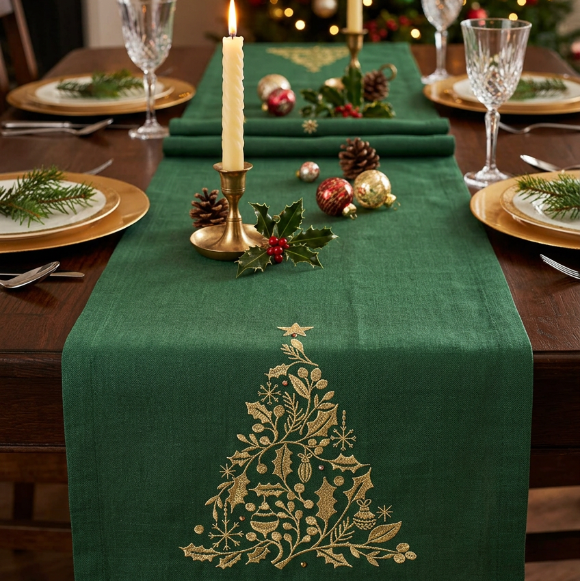 Enchanted Green & Gold Festive Table Runner