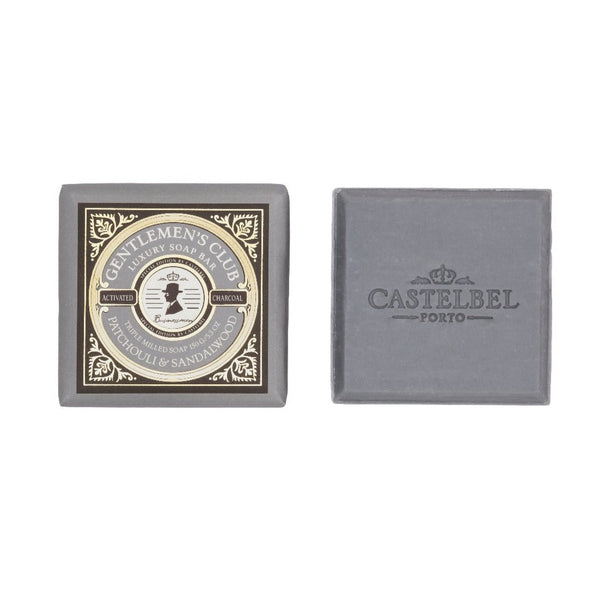 Gentlemen's Club Patchouli & Sandalwood Soap bar - Triple Milled Soap - Grey small square soap with grey decorative packaging.