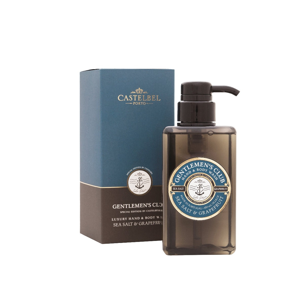 Gentlemen's Club' Sea Salt And Grapefruit Luxury Hand And Body Wash - Brown Bottle Dispenser with decorative Blue & Brown Gift Box