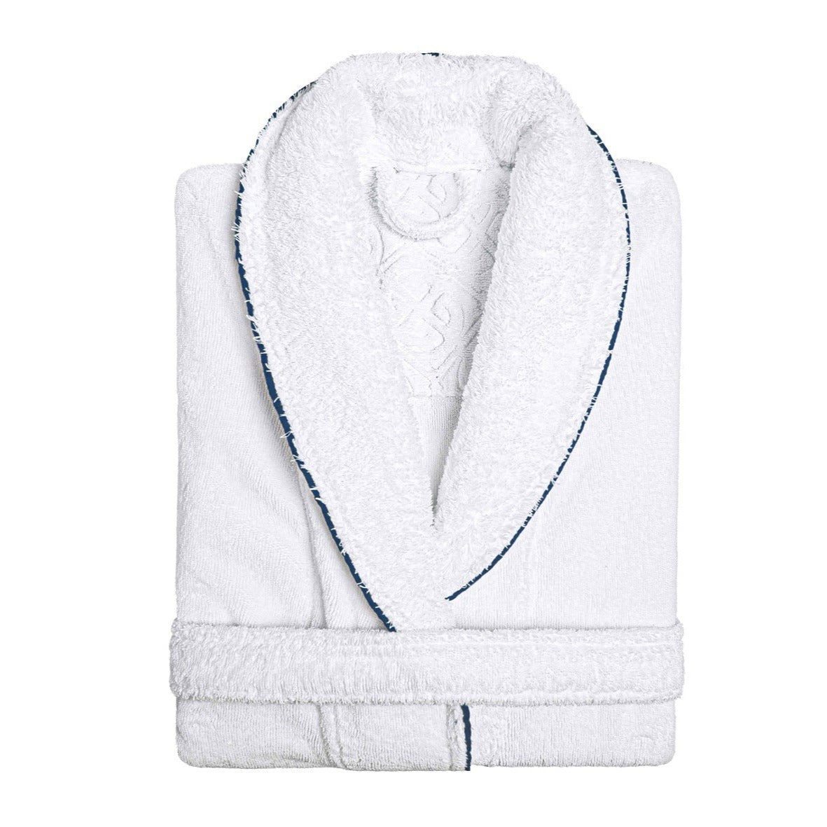 Portobello' Egyptian Cotton Bath Robe- White Bath Robe with Oxford Blue edging around the collar and edge