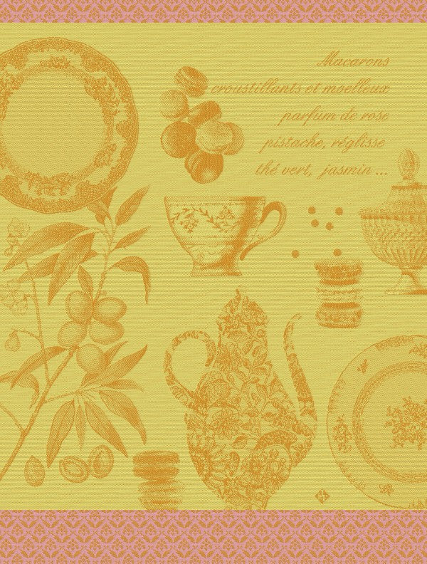 Macarons Cotton Tea Towel - Mango Colour depicting the wonders of the French Patisserie