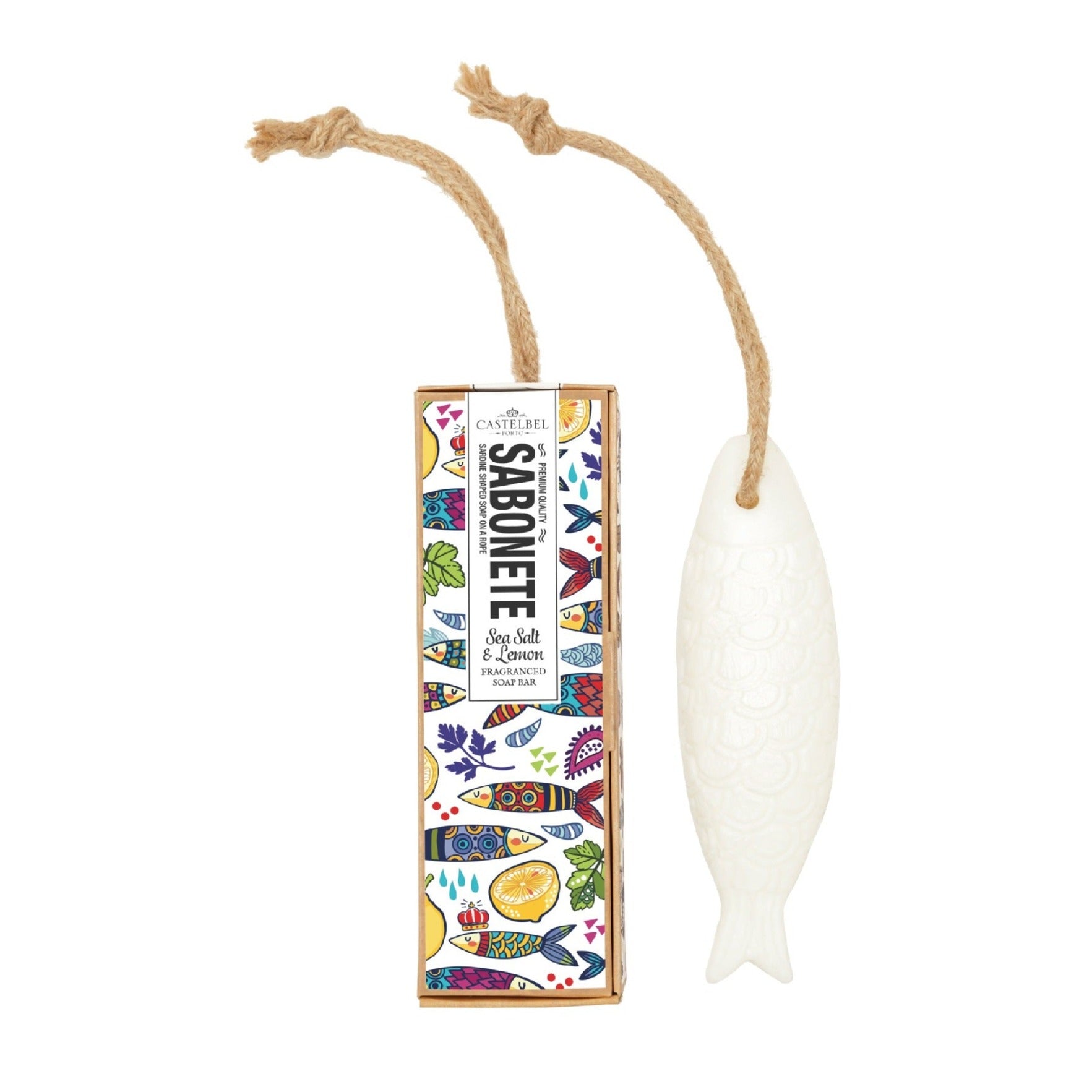 Savon en forme de sardine sur une corde