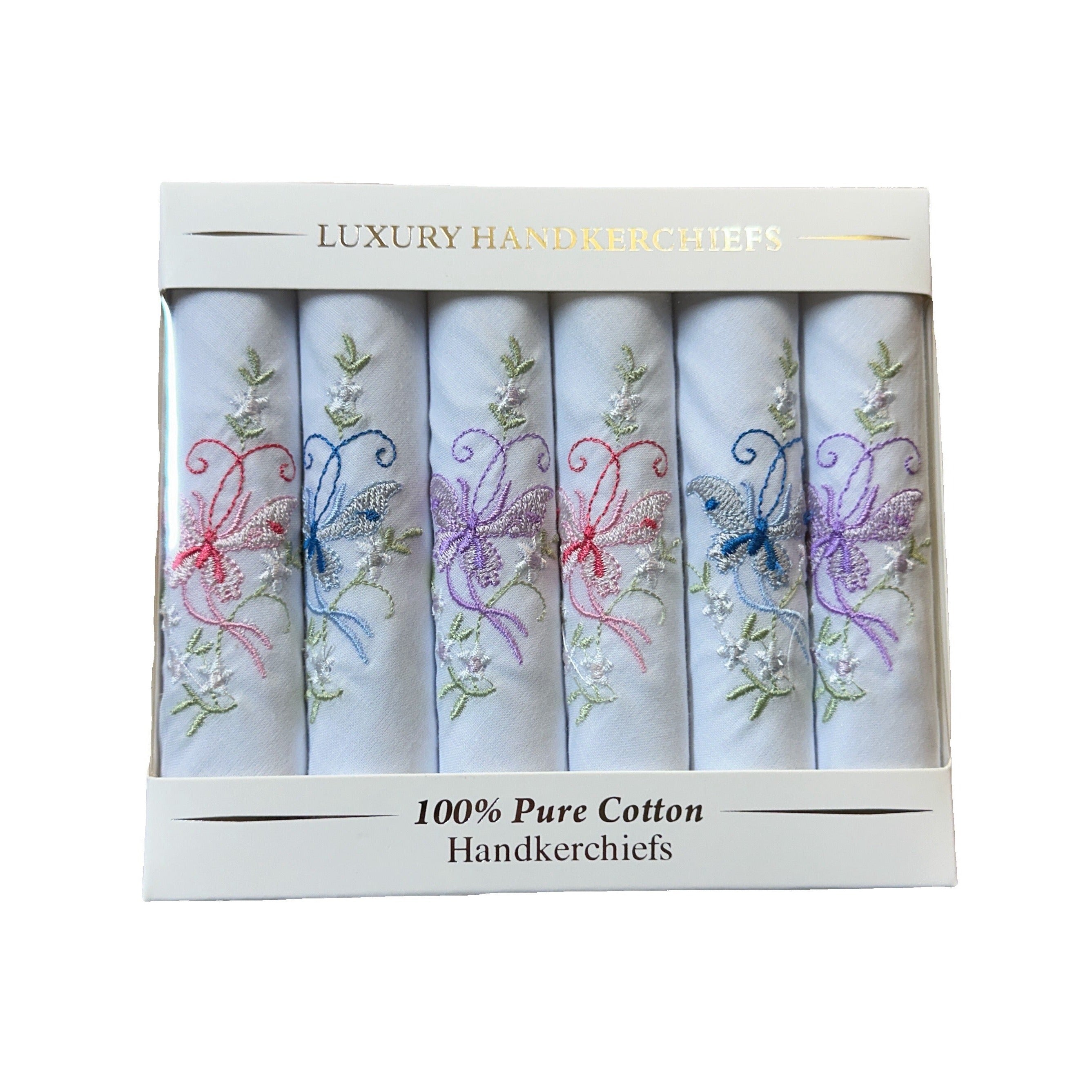 Ladies Cotton Handkerchiefs - Butterflies (Box of 6)