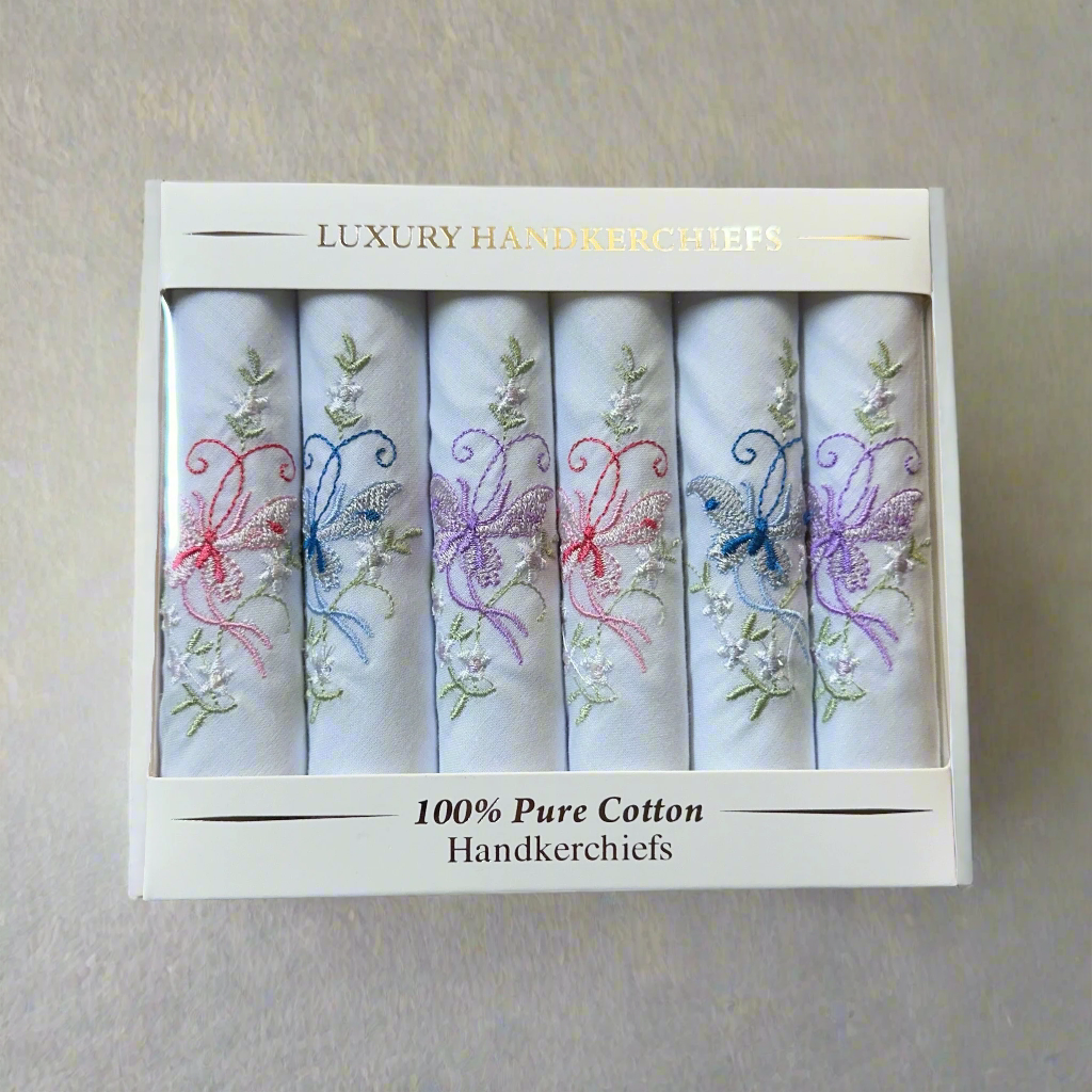 Ladies Cotton Handkerchiefs - Butterflies (Box of 6)
