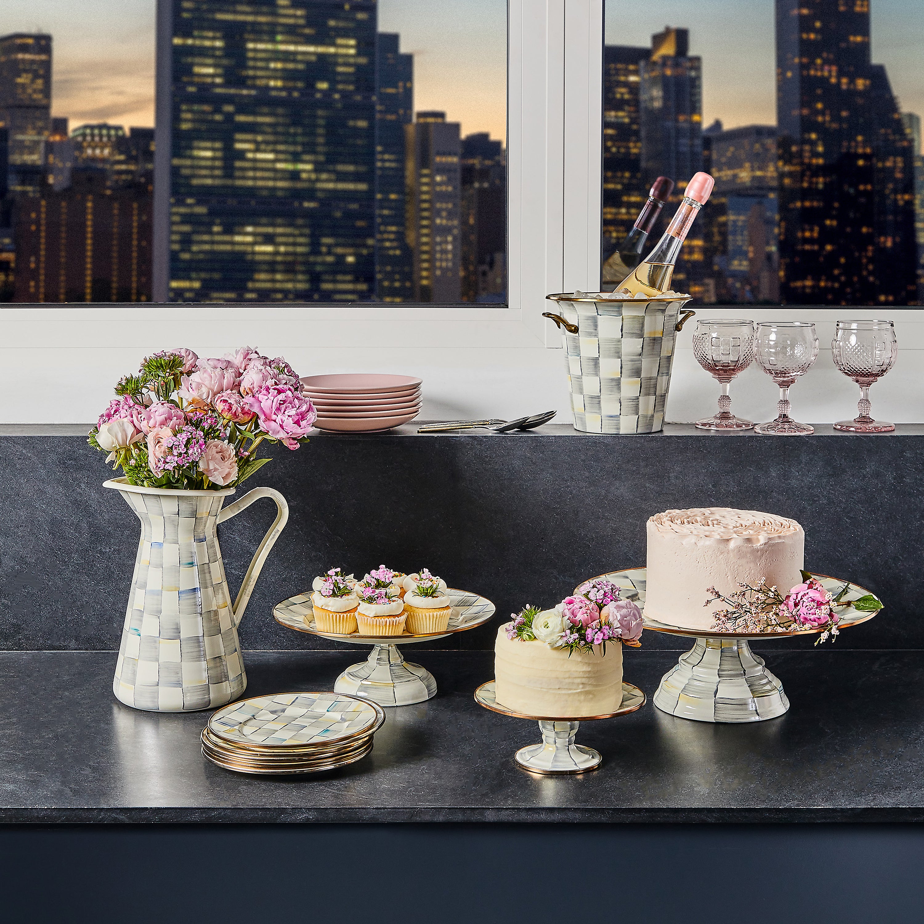 MacKenzie-Childs Sterling Check Pedestal Platters