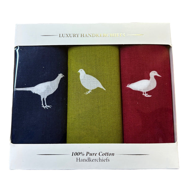 'Game Birds' 100% Cotton Men's Handkerchiefs (Pack of Three)