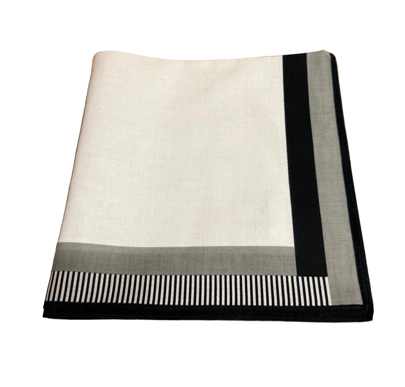Lehner Mens Swiss Cotton Handkerchief - Black Piano Stripe Border