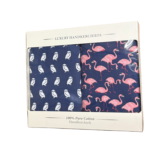 Men's Cotton Handkerchiefs - Owl & Flamingo Box of 2