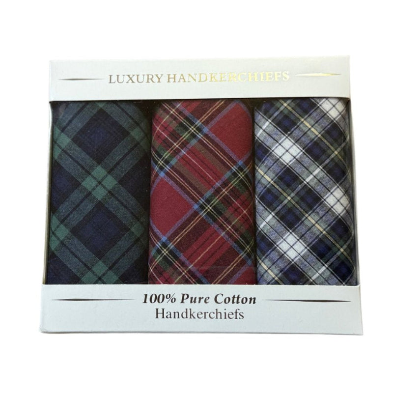 'Tartan' Men's 100% Cotton Handkerchiefs (Pack of Three)