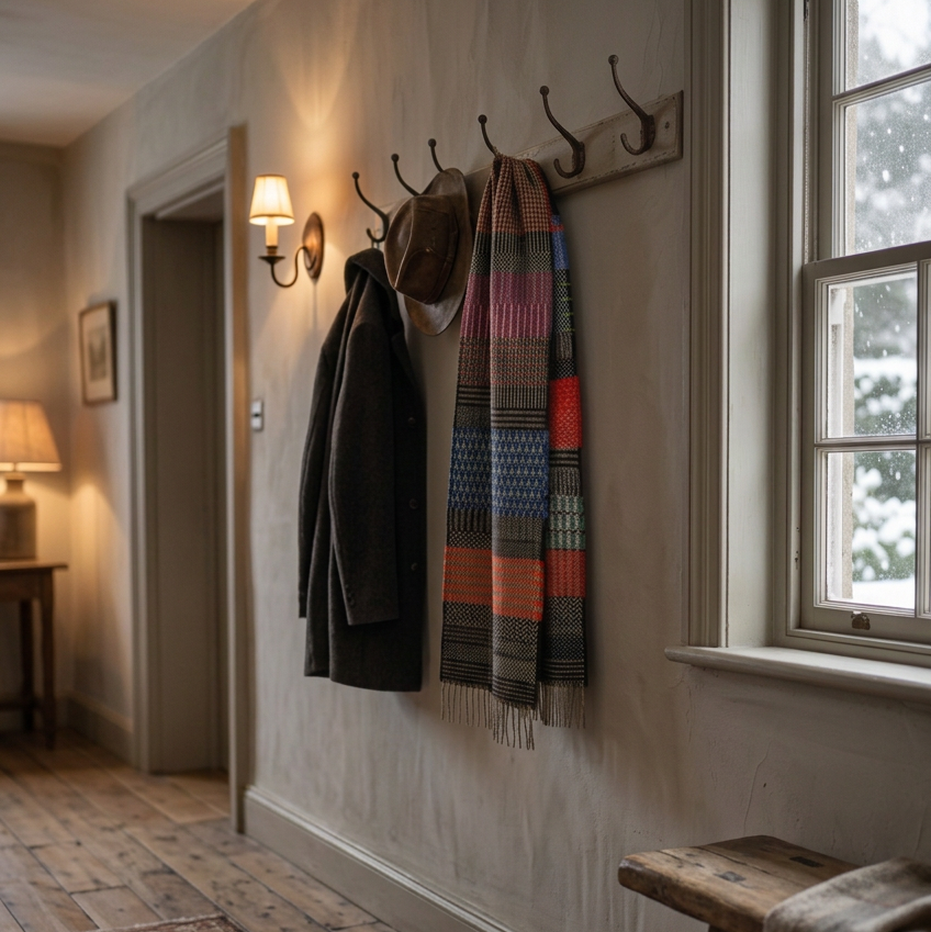 A long woven scarf with a multicolor geometric pattern, featuring stripes of orange, red, blue, black, and beige, finished with fringed ends, shown against a plain white background.
