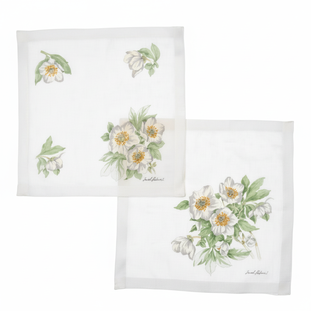 Lehner Ladies Swiss Cotton Hand Rolled Handkerchief - White Flower (Christmas Rose)