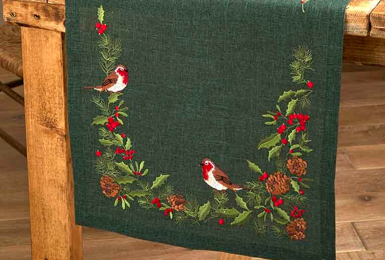 Embroidered Robin Trail Table Runner
