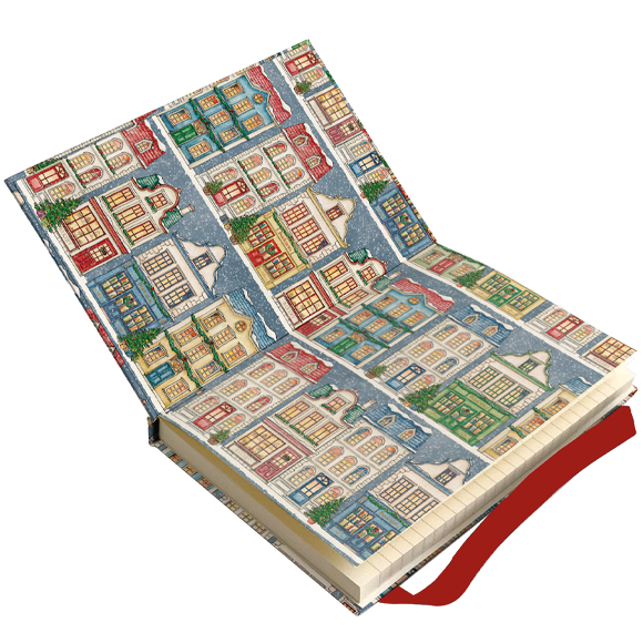 An open notebook or journal featuring a colourful illustrated city street pattern on the cover, with cream lined pages and a red ribbon bookmark, isolated on a white background.