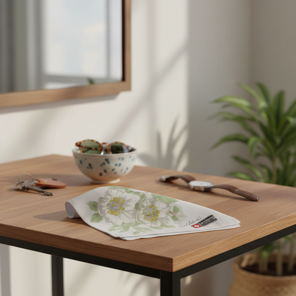 Lehner Ladies Swiss Cotton Hand Rolled Handkerchief - White Flower (Christmas Rose)