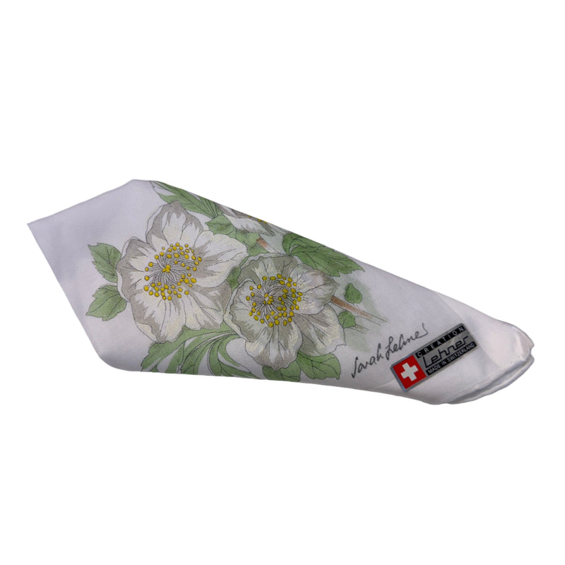 Lehner Ladies Swiss Cotton Hand Rolled Handkerchief - White Flower (Christmas Rose)