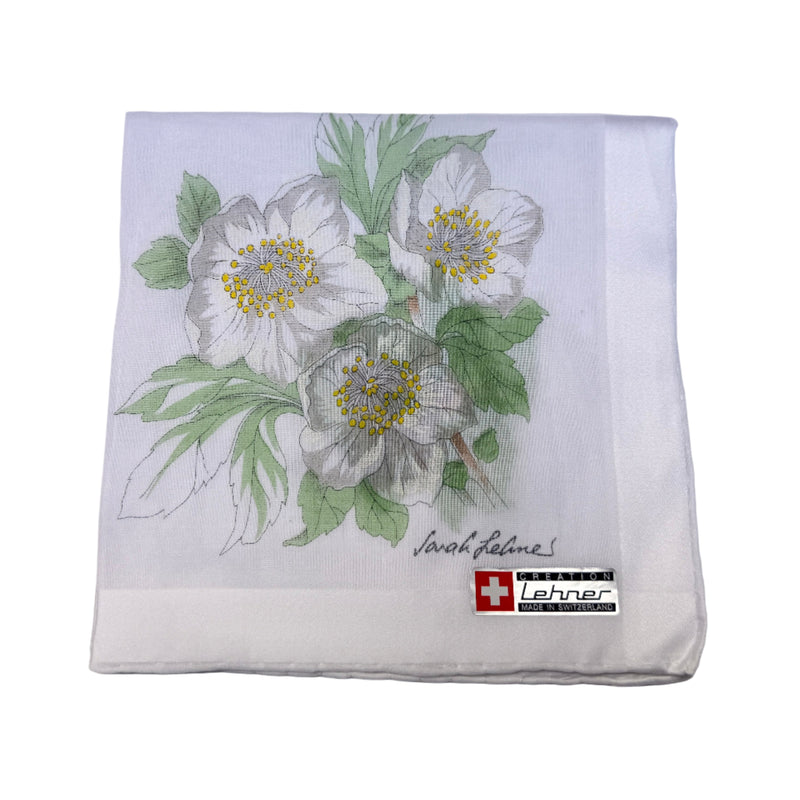 Lehner Ladies Swiss Cotton Hand Rolled Handkerchief - White Flower (Christmas Rose)