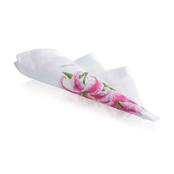 Lehner Pink Floral Hand Rolled Ladies Swiss Cotton Handkerchief