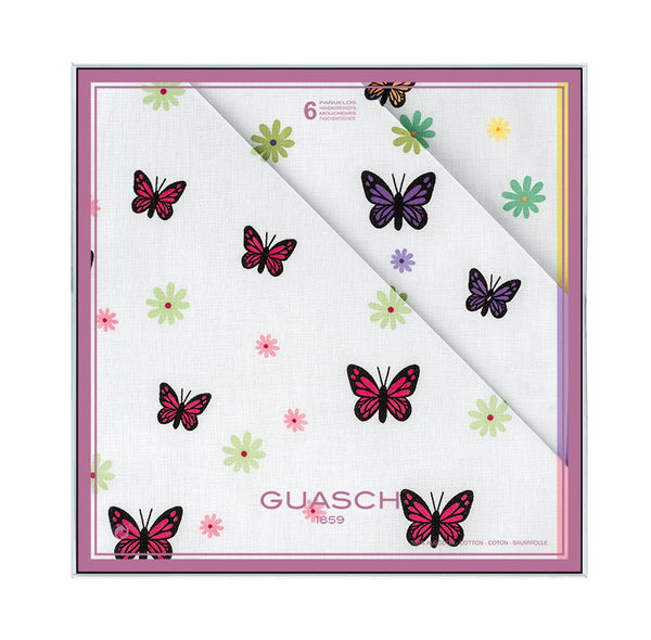 Boxed Set of 6 Butterfly Design White Ladies Handkerchiefs