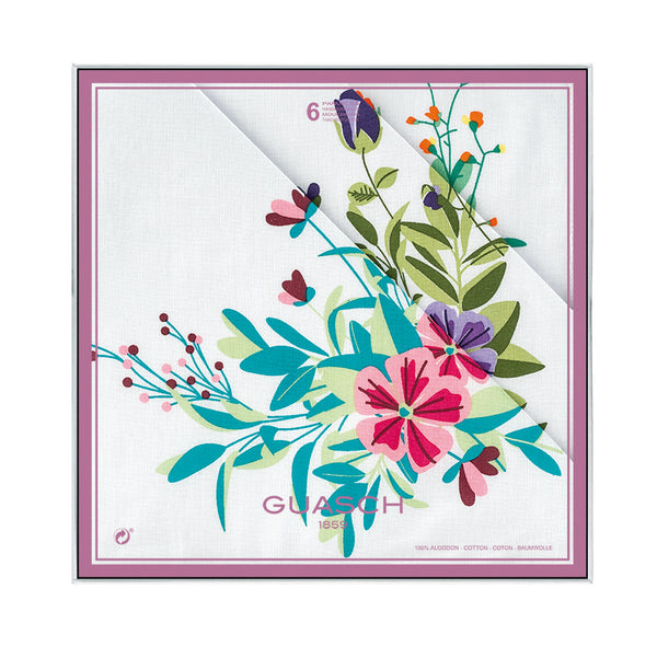 Boxed Set of 6 Vibrant Floral Design White Ladies Handkerchiefs