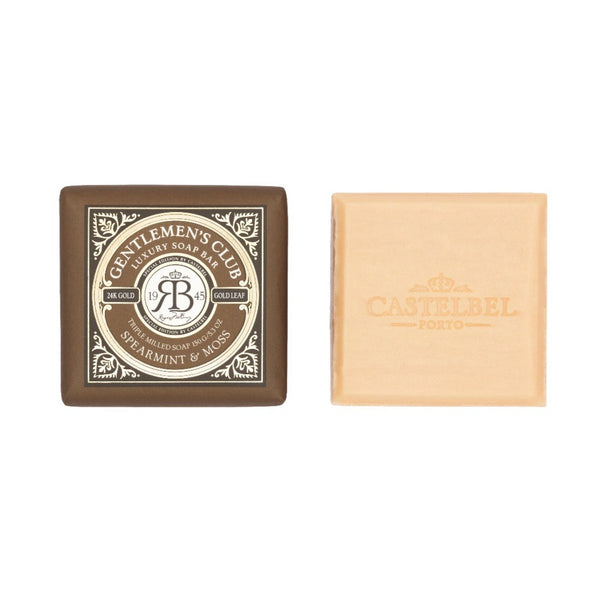 Gentlemen's Club Spearmint & Moss Soap 150g - Small cream coloured square soap in decorative brown & Gold packaging.