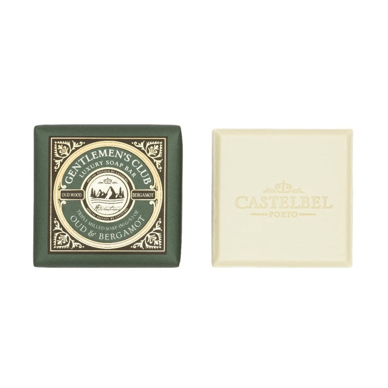 Gentlemen's Club Oud & Bergamot Soap 150g - Castelbel - Small square soap in Dark Green decorative packaging.