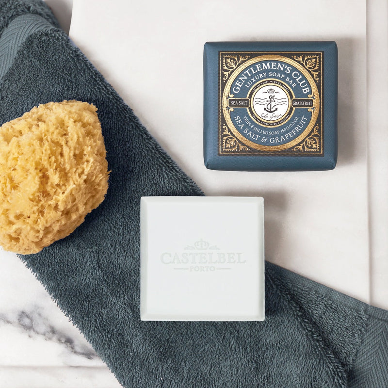 Gentlemen'S Club Sea Salt & Grapefruit Soap 150g - Small square Soap sold in a Blue decorative wrap - Lifestyle image