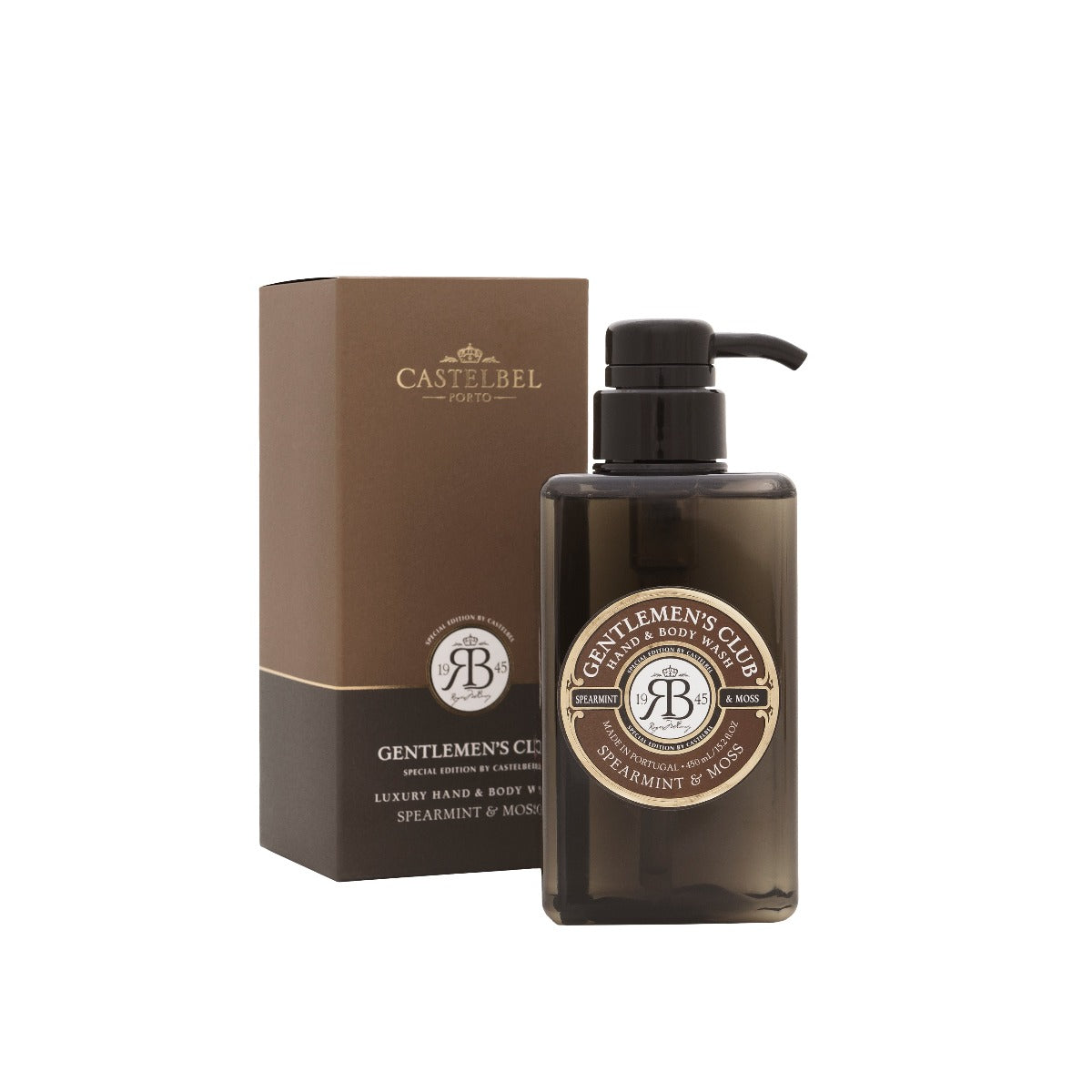 Gentlemen's Club' Spearmint & Moss Luxury Hand And Body Wash - Brown liquid Soap Dispenser Bottle with Brown & Dark Brown Gift Box