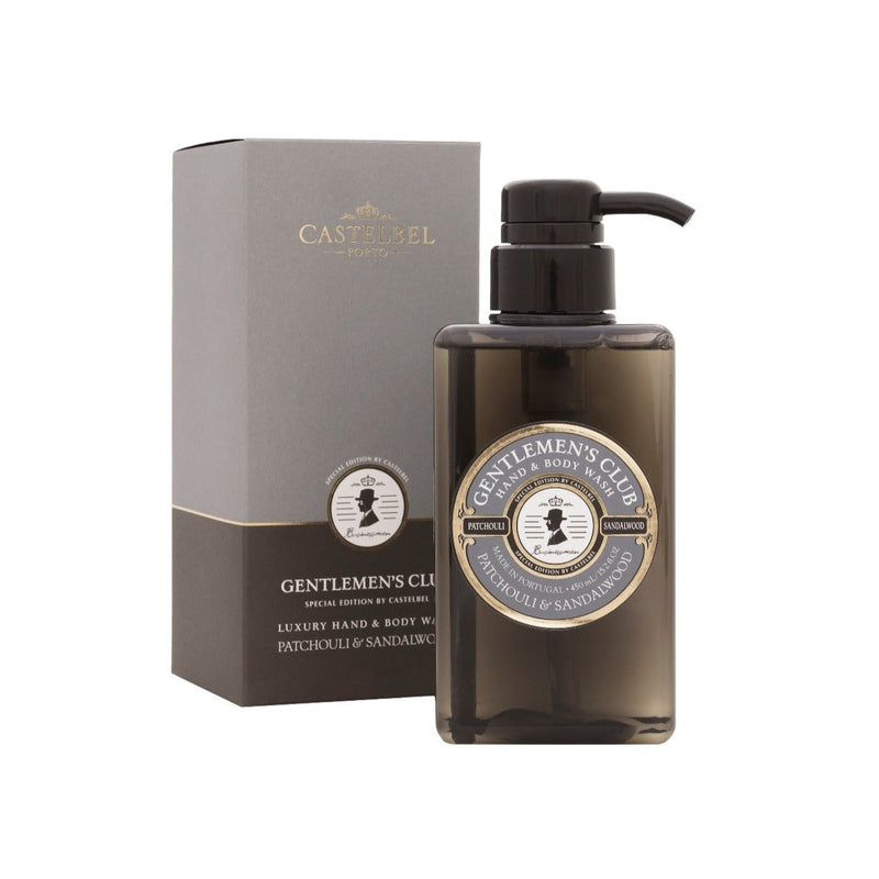Gentlemen's Club Patchouli And Sandalwood Luxury Hand & Body Wash - Brown Bottle in a grey and brown gift box.