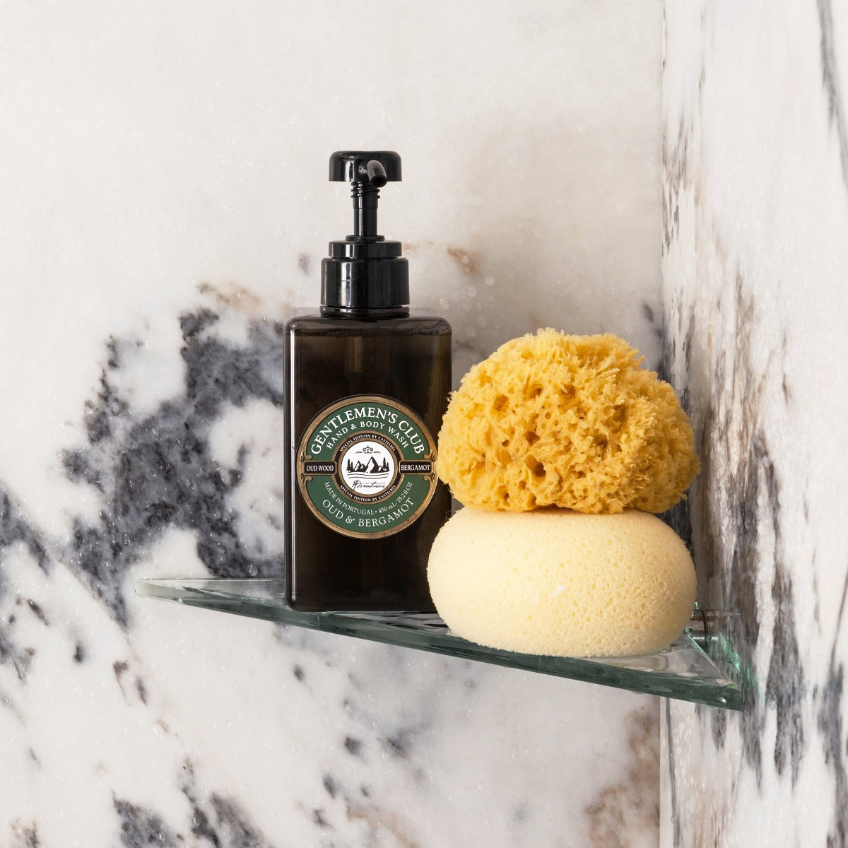 Gentlemen's Club' Oud & Bergamot Luxury Hand And Body Wash - Lifestyle image showing them displayed in a shower