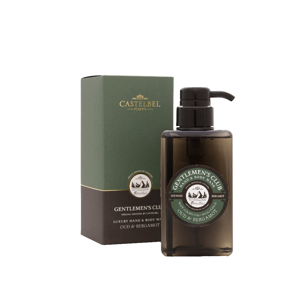 Gentlemen's Club' Oud & Bergamot Luxury Hand And Body Wash - A dark brown bottle with a decorative green and brown gift box