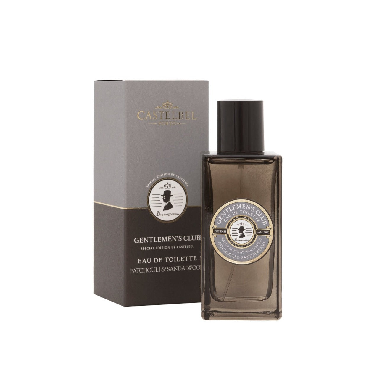 Gentlemen's Club' Patchouli & Sandalwood Eau De Toilette - Gift for men - A grey bottle with a grey and brown gift box.