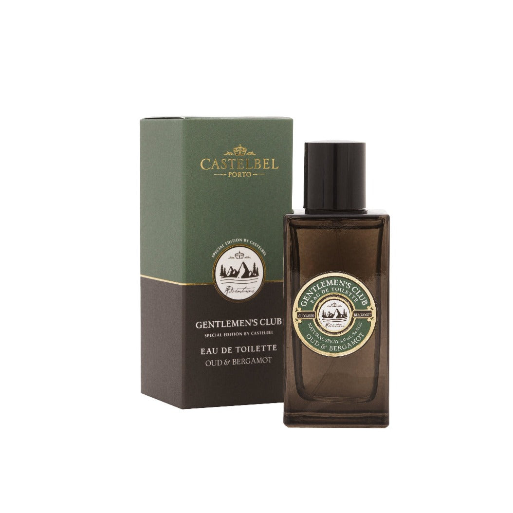 Gentleman's Club' Oud & Bergamot Eau De Toilette  - Brown bottle with a decorative Green and Brown gift box