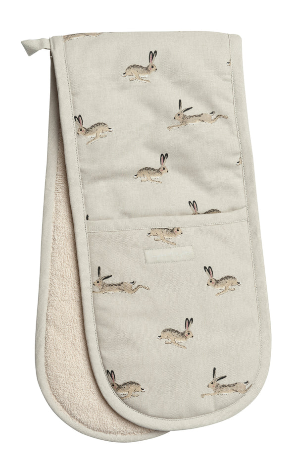Sophie Allport Hare Cotton Double Oven Gloves - Pictures of Hares racing over a stone beige background