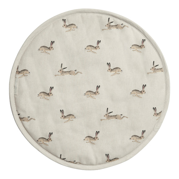 Sophie Allport Hare Circular Cotton Hob Cover - Beige Hob Cover with a display of hares  running across as the design