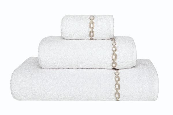 'Arcadia' Egyptian Cotton Towel - White Towel with Gold/Beige square Chain Design Border