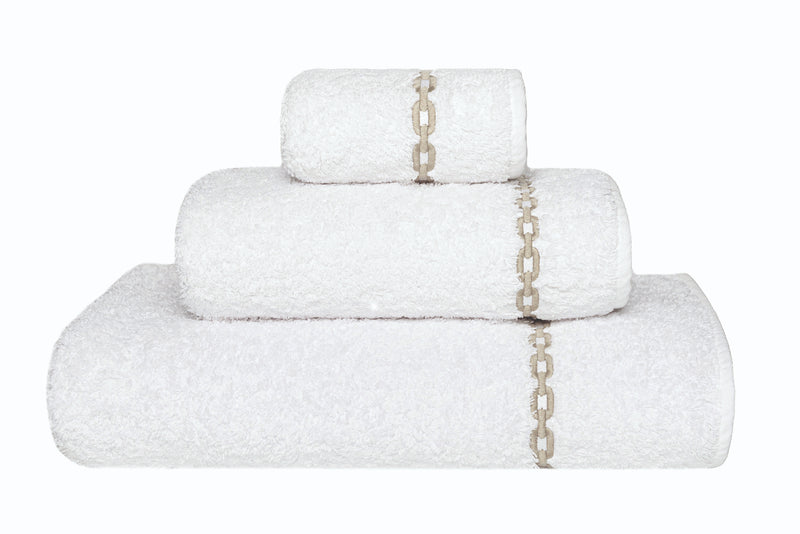 'Arcadia' Egyptian Cotton Towel - White Towel with Gold/Beige square Chain Design Border