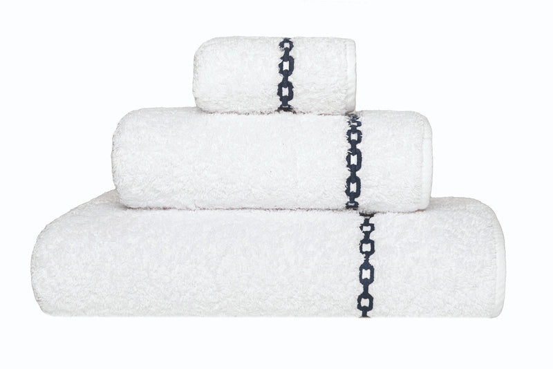'Arcadia' Egyptian Cotton Towel - White Towel with Nvavy square Chain Design Border