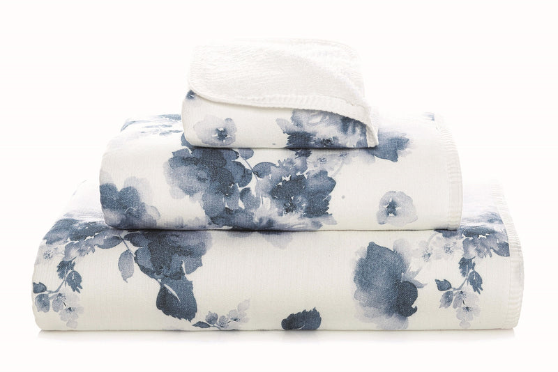 'Bella' Cotton Bath Towels - White Towels with a Blue all over Floral pattern