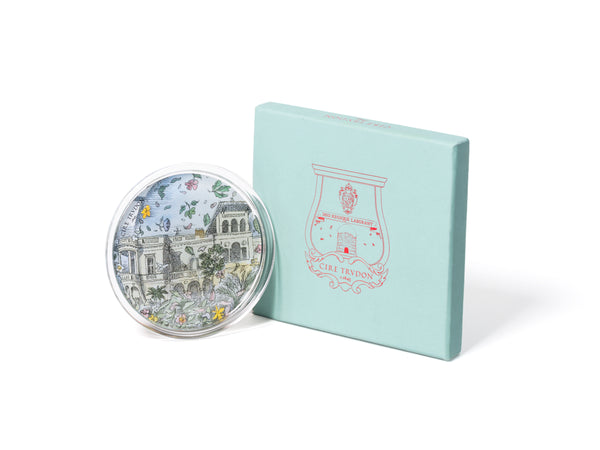 Cire Trudon Glass Coupelle Cyrnos with box - Showing the image of villa cyrnos with its elegant architecture