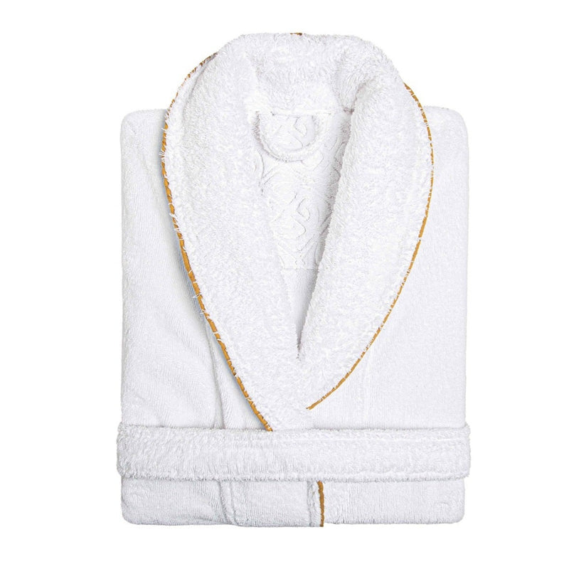 'Portobello' Egyptian Cotton Bath Robe - White Bath Robe with Gold edging around the collar and edge